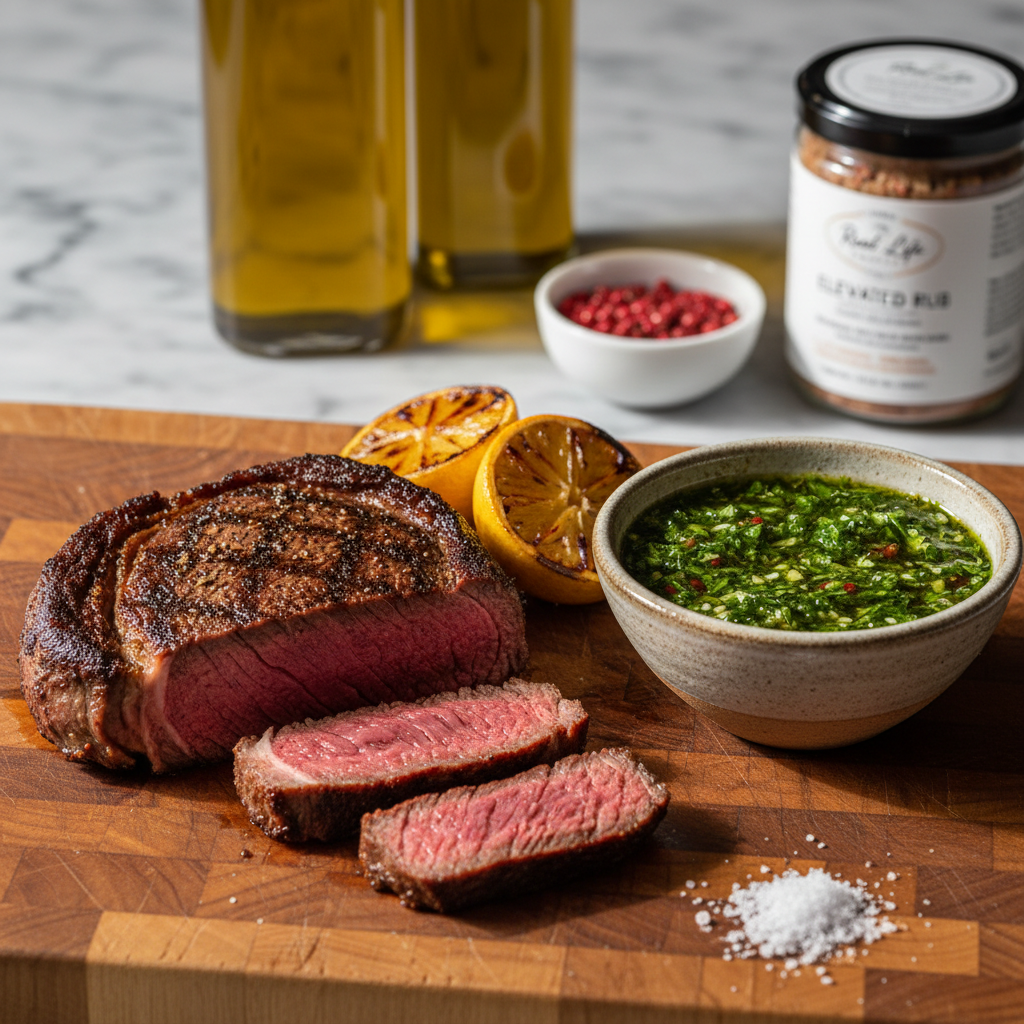 An ultra-fresh ingredients close-up: a rustic wooden cutting board holds a just-sliced medium-rare steak with a perfectly seared crust, vivid green chimichurri in a small ceramic bowl, wedges of charred lemon, and a neat pile of flaky sea salt. In the softly blurred background, premium pantry staples—glass bottles of cold-pressed olive oil, a small bowl of pink peppercorns, and a labeled Real Life Pantry spice blend—sit on a marble counter. Directional side lighting from an unseen window creates dramatic highlights on the meat’s texture and rich colors, with gentle shadows adding depth. Photographic realism, tight framing with shallow depth of field, evoking indulgence, craftsmanship, and elevated home cooking.
