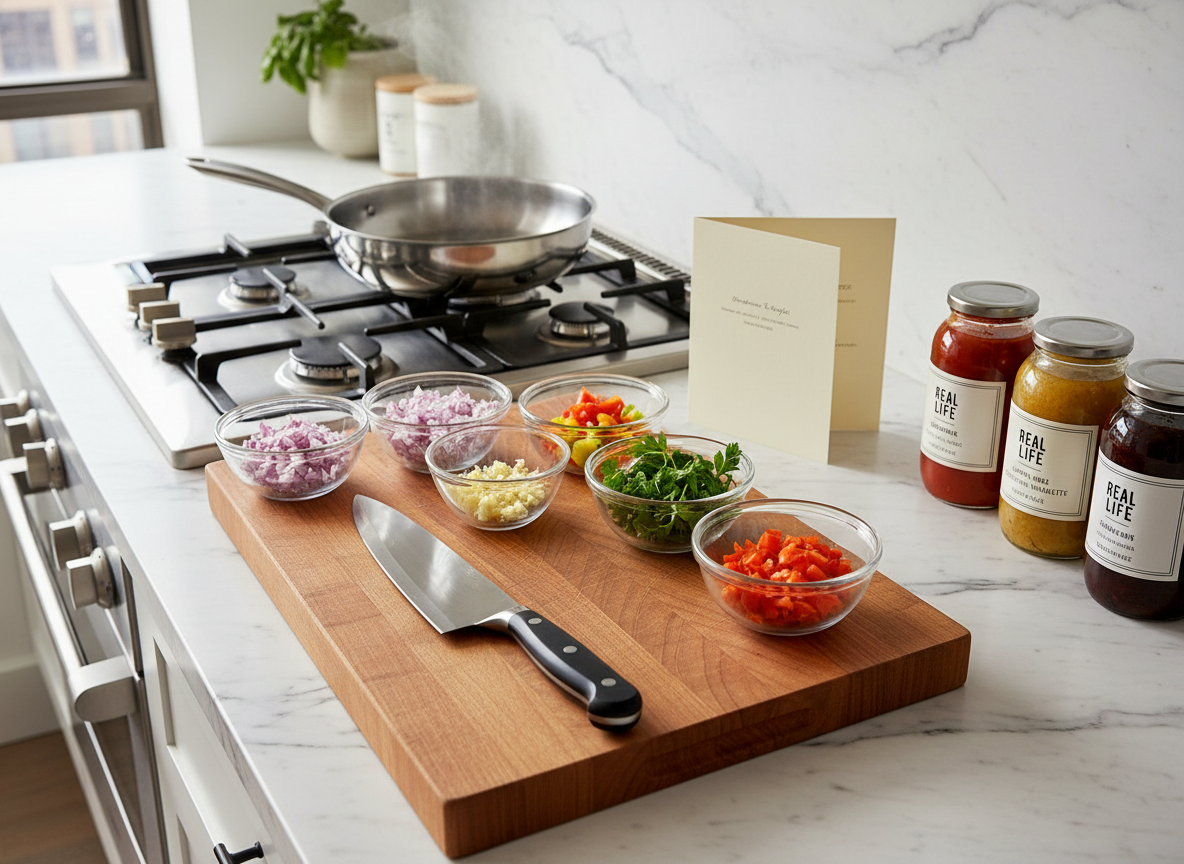 A compact yet luxurious New York kitchen counter set up as a mise en place station: small glass bowls filled with pre-chopped aromatics, folded recipe cards without visible text, a high-end chef’s knife resting on a wooden cutting board, and labeled containers of Real Life Pantry sauces and marinades. Behind, a stovetop with a stainless steel pan emits a faint shimmer of heat. Bright but diffused under-cabinet and window light combine for a crisp, professional look, casting precise shadows along the knife edge and bowls. Photographic realism, shot from a slightly overhead angle with sharp focus throughout, creating a mood of controlled energy and chef-driven precision, ideal for illustrating curated, ready-to-cook meal kits.