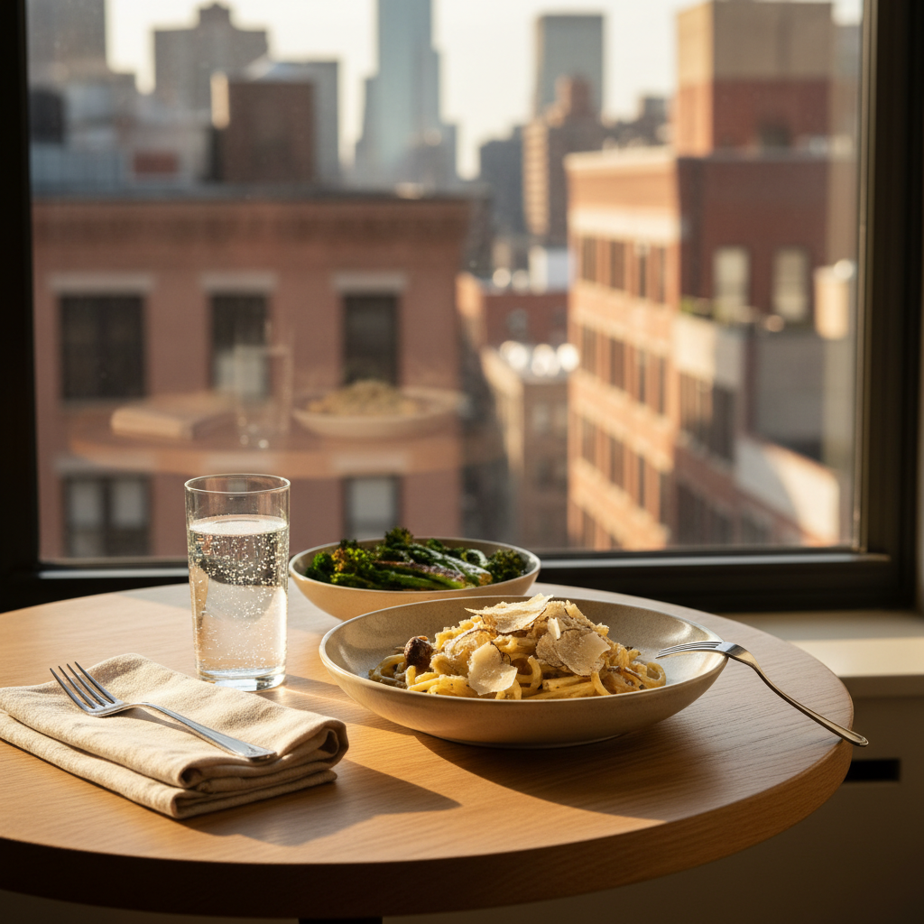 A small New York dining nook by a window, featuring a round oak table set for one with a beautifully plated chef-curated meal: truffle pasta with shaved parmesan and roasted mushrooms, accompanied by a side of charred broccolini. Next to the plate, a folded linen napkin and minimalist glass of sparkling water catch the light. Outside the window, a soft, out-of-focus hint of city buildings suggests height and urban life. Golden hour sunlight streams in, creating warm highlights on the pasta and gentle shadows under the plate. Photographic realism, captured at eye level using the rule of thirds, with a relaxed, rewarding atmosphere that celebrates unwinding after a long day with premium, effortless dining.