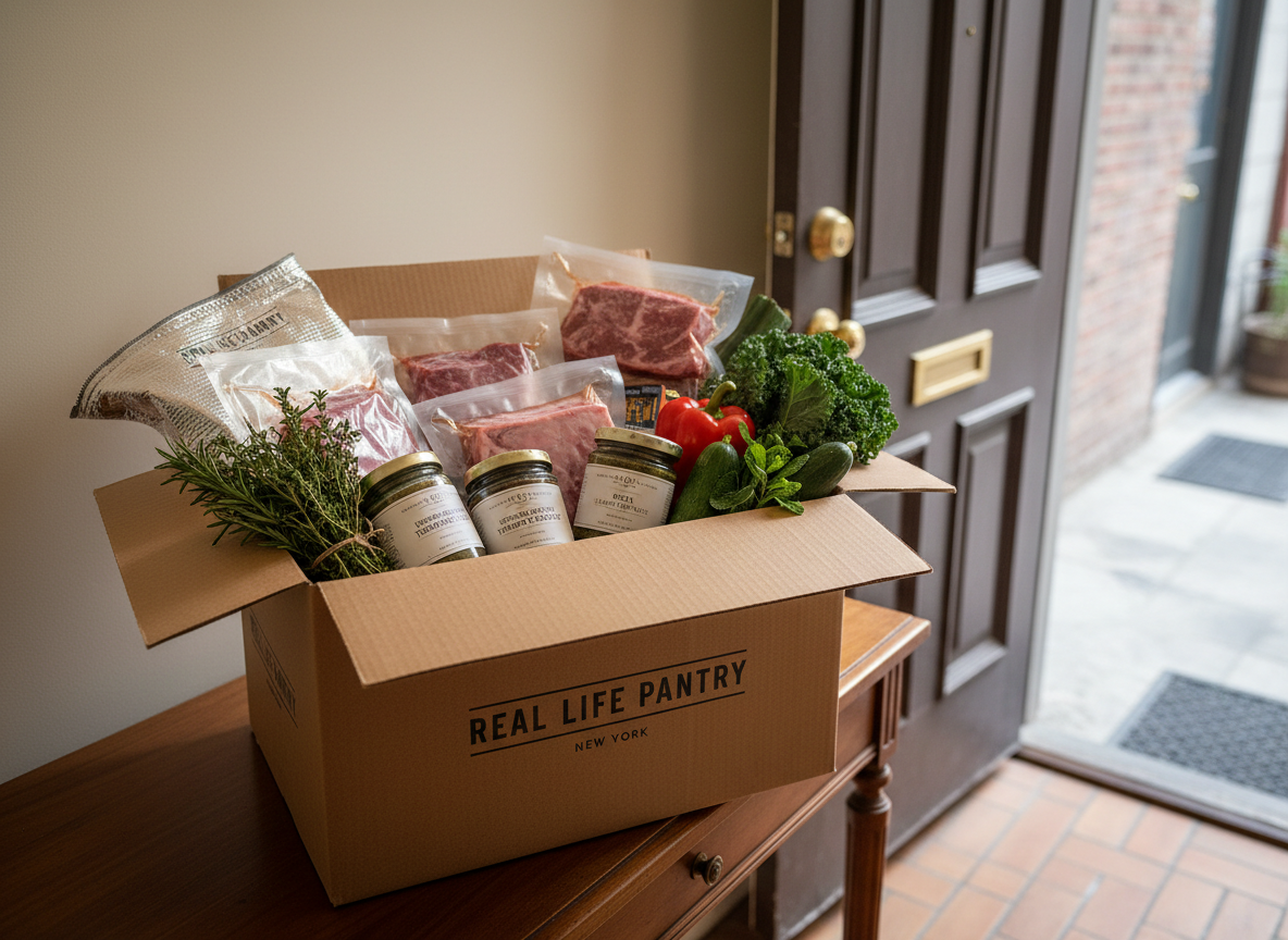 An open Real Life Pantry delivery box placed on a small hallway console table inside a New York apartment, overflowing with carefully packed groceries: vacuum-sealed proteins, labeled containers of house-made sauces, neatly bundled fresh herbs, and crisp produce nestled in recyclable paper padding. A premium insulated bag peeks from one side. The door is ajar, revealing a sliver of urban hallway outside, hinting at a just-delivered moment. Soft overhead lighting mixes with muted natural light from a nearby window, casting realistic shadows and soft highlights on the packaging. Photographic realism, slightly elevated three-quarter angle, with a calm, efficient mood that underscores reliability, convenience, and attention to detail in every box.