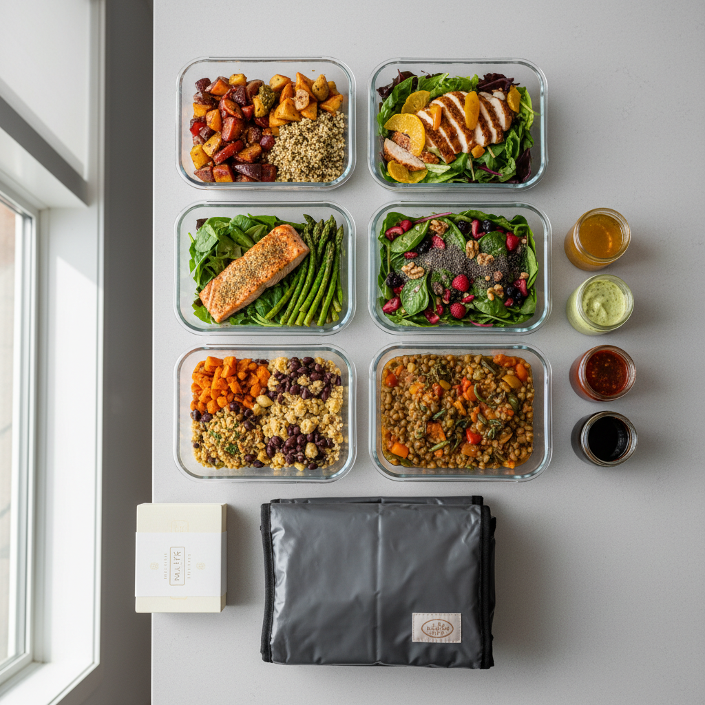 A top-down photographic view of a weekly meal prep spread across a clean, light-gray kitchen island: four to six clear glass containers filled with colorful chef-curated dishes—grain bowls with roasted vegetables, citrus-glazed chicken, herb-studded salmon, and vibrant salads with nuts and seeds. Nearby, neatly stacked Real Life Pantry labels without readable text, small jars of dressings, and a folded insulated delivery bag reinforce the brand. Natural midday light from a nearby window creates even illumination and subtle reflections on the glass lids. Photographic realism with a crisp, organized composition, balanced symmetrically, conveying calm control, efficiency, and the feeling of having a premium, ready-to-eat week at your fingertips.